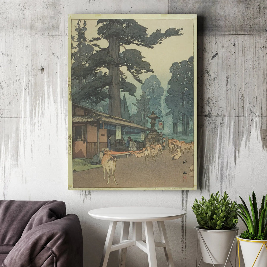 Japanese Woodblock Print Canvas | Vintage Deer at Nara Shrine Art | Premium Gallery Wrapped Wall Decor | Japanese Art Collector's Gift