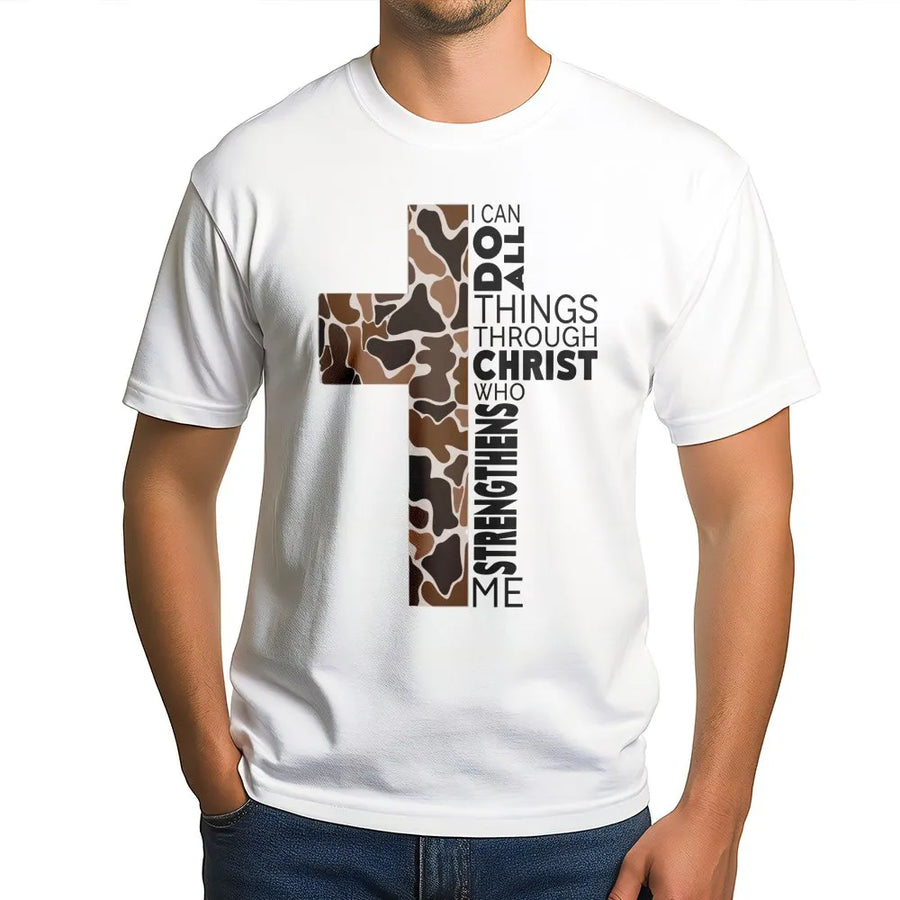 Camo Cross T-Shirt | I Can Do All Things Through Christ Verse | Premium Soft Cotton Bible Quote Tee | Christian Faith Gift for Men and Women