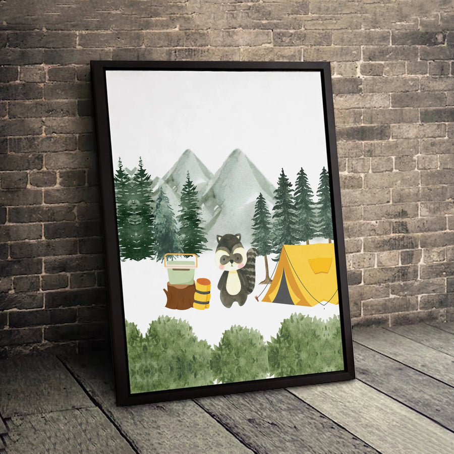 Cute Raccoon Camping Canvas Print | Watercolor Forest Adventure Wall Art | Premium Gallery-Wrapped Decor | Perfect Nursery & Kids Room Gift