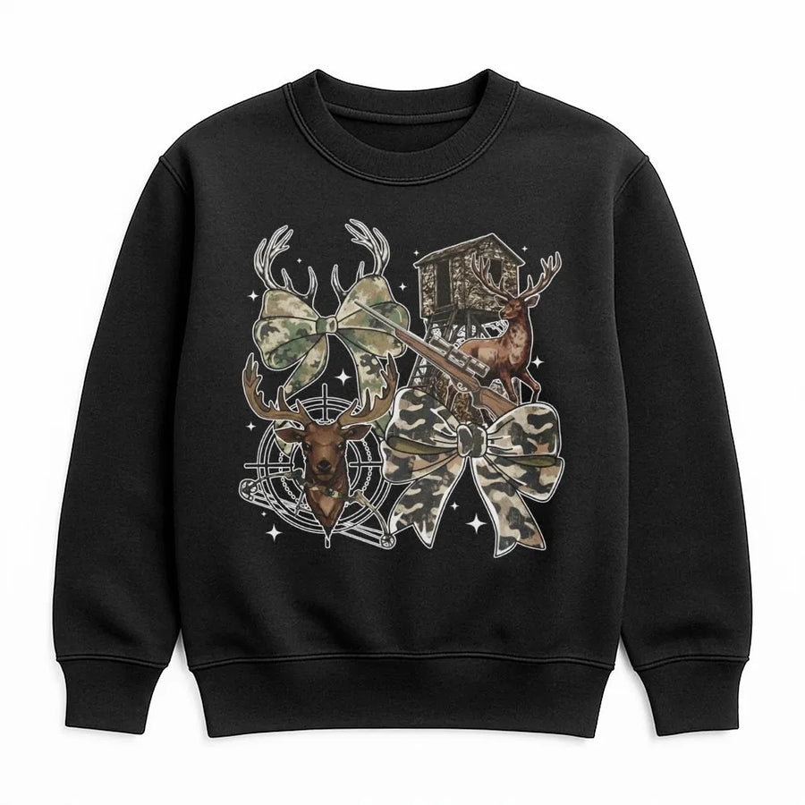 Hunting Season Sweatshirt | Deer Camo Bow Coquette Graphic | Premium Cotton Blend Crewneck | Outdoor Gift for Hunters Women and Men