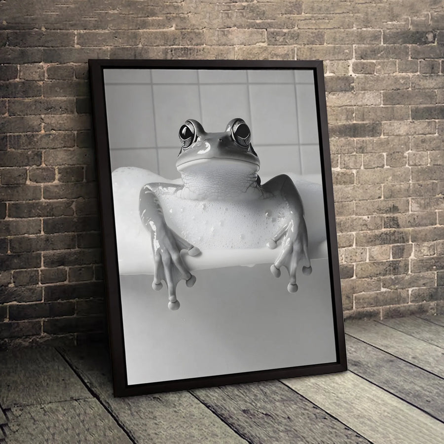 Frog In Bubble Bath Canvas Print | Whimsical Bathroom Wall Art | Premium Fade-Resistant Gallery Wrap | Funny Animal Decor for Home Office