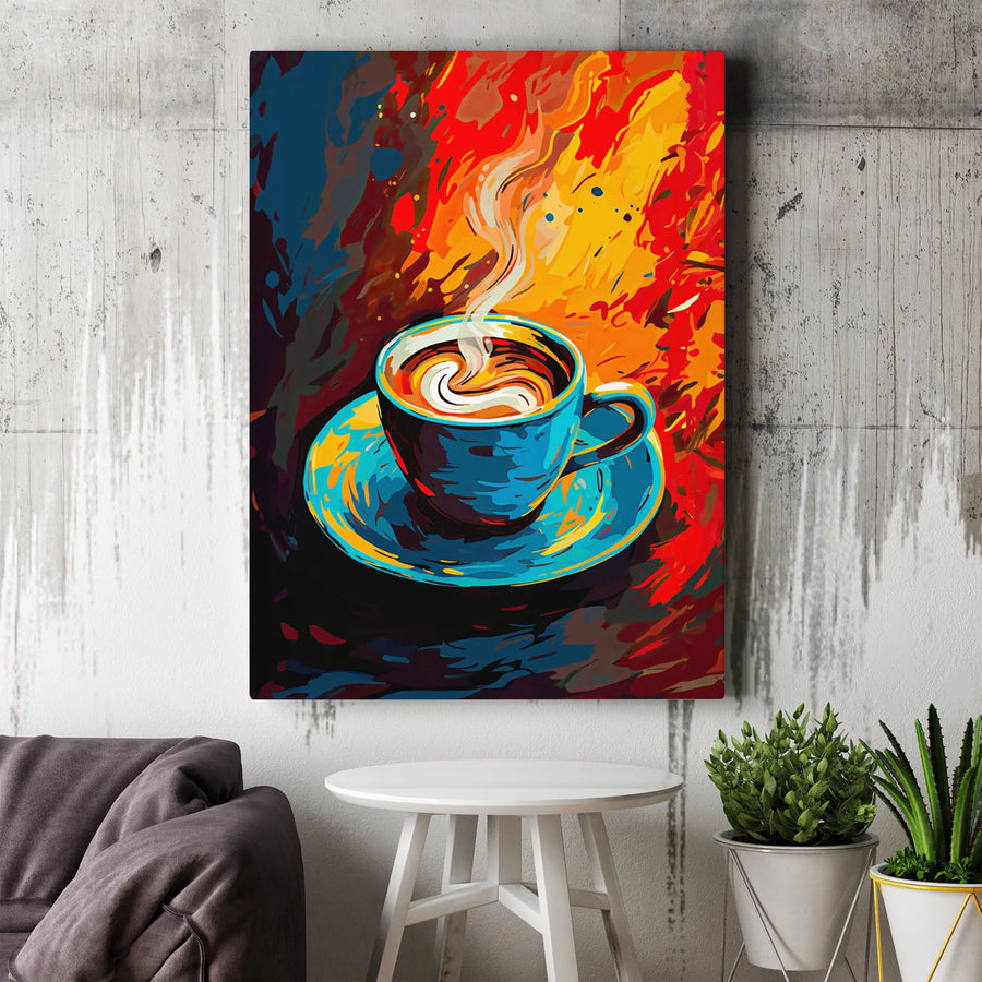 Abstract Coffee Cup Canvas Wall Art | Colorful Modern Oil Painting Style | Premium Gallery Wrap Print | Perfect Kitchen & Coffee Bar Decor Gift