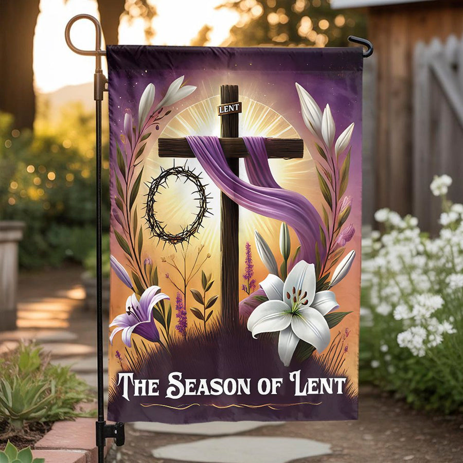 Lenten Garden Flag | Religious Christian Cross with Lilies & Crown of Thorns | Durable Polyester Outdoor Decor | Faithful Easter Yard Gift