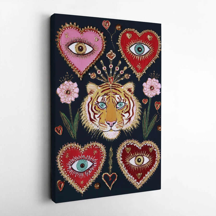 Crowned Tiger Canvas Art | Mystical Evil Eye Hearts & Floral Print | Premium Fade-Resistant Gallery Wall | Unique Boho Home Decor Gift