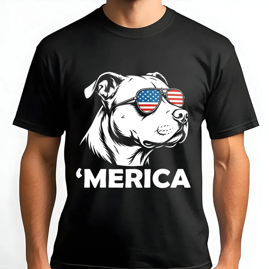 'Merica Pitbull Shirt | Funny Dog with American Flag Sunglasses | Premium Cotton Tee | 4th of July Gift for Dog Lover