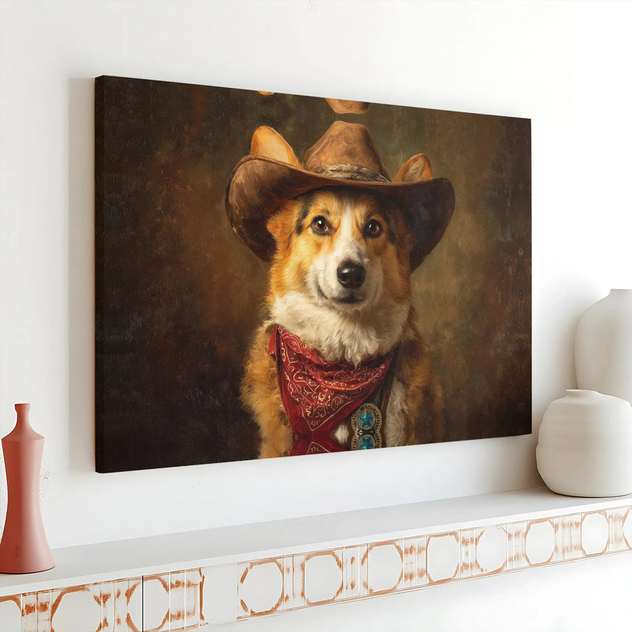 Cowboy Corgi Wall Art | Western Dog Portrait Oil Painting | Premium Gallery Wrap Canvas | Unique Gift for Dog Lovers & Ranch Home Decor