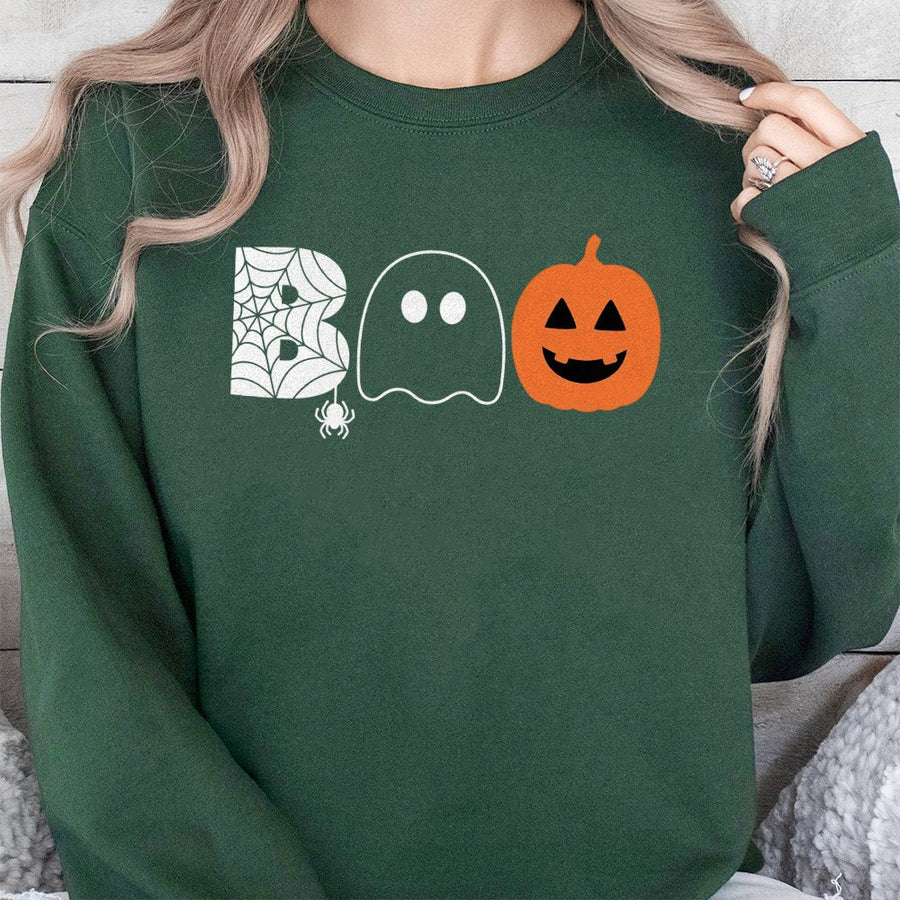Boo Halloween Sweatshirt | Cute Ghost Spider Pumpkin Graphic | Premium Cotton Blend Crewneck | Unisex Funny Fall Holiday Gift for Adults
