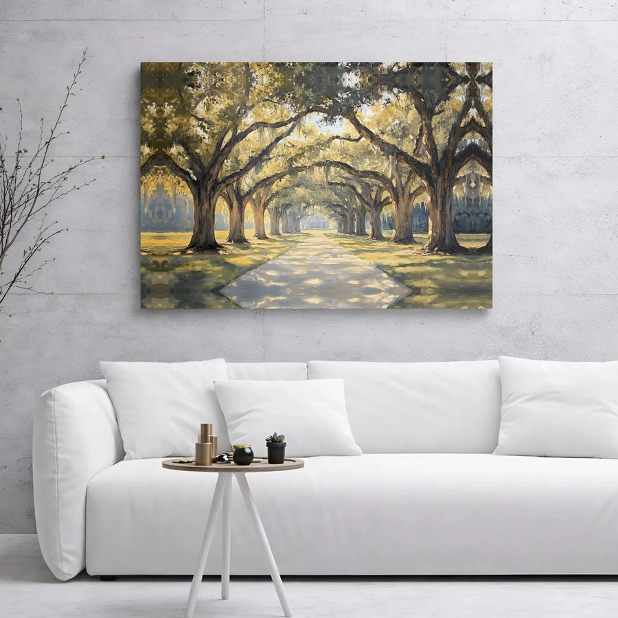 Southern Avenue of Oaks Canvas Wall Art | Moody Spanish Moss Landscape | Premium Gallery Wrap Print | Nature Home Decor Gift