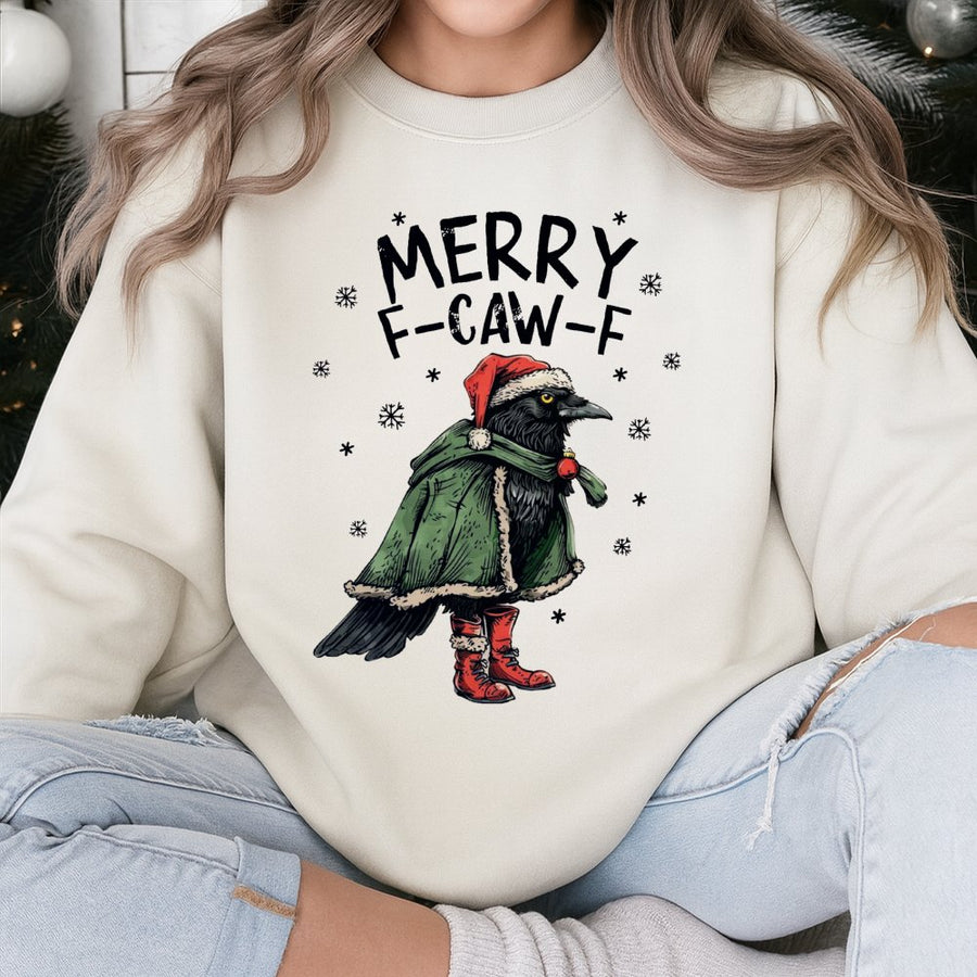 Merry F-Caw-F Christmas Sweatshirt | Funny Raven Graphic Tee | Soft Cotton Blend Unisex Pullover | Holiday Gift for Bird Lovers and Goth Fans