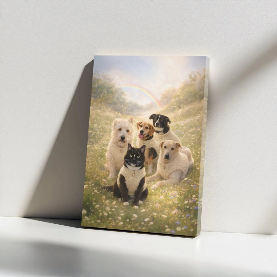 Pet Memorial Canvas Art | Dogs & Cat with Rainbow Bridge Scene | Premium Thick Gallery Wrap | Sympathy Gift for Pet Lover
