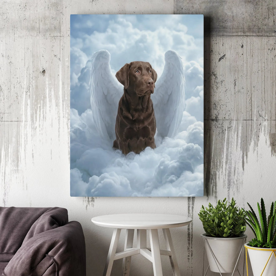 Chocolate Lab Angel Canvas Wall Art | Heavenly Dog with Wings Portrait | Premium Matte Canvas Print | Pet Loss Sympathy Gift for Owner