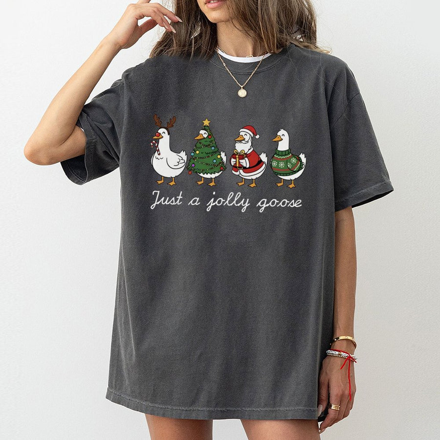 Just A Jolly Goose T-Shirt | Cute Christmas Duck Graphic Design | Premium 100% Cotton Apparel | Holiday Gift For Duck Lovers