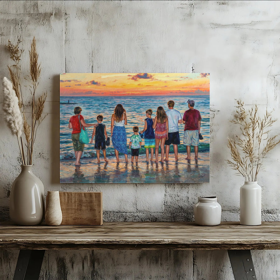 Family at the Beach Canvas Wall Art | Impressionistic Sunset Ocean Painting | Premium Fade-Resistant Print | Coastal Home Decor Gift