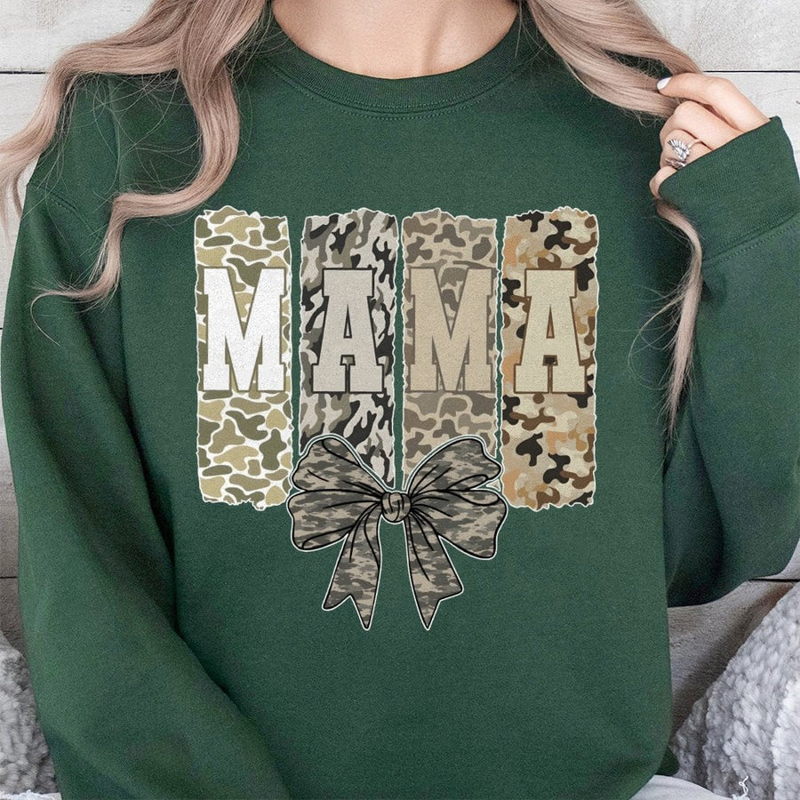 Mama Sweatshirt | Camo Coquette Bow Print | Premium Cotton Blend Crewneck | Trendy Mother's Day 2026 Gift for Mom