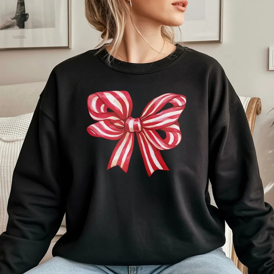 Christmas Bow Sweatshirt | Retro Red Striped Ribbon Graphic | Premium Cotton Blend | Cozy Holiday Gift for Women and Men