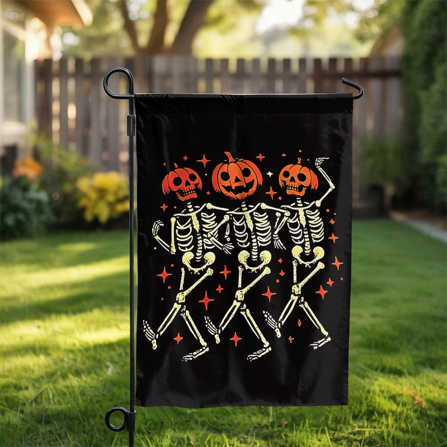 Dancing Skeleton Pumpkin Garden Flag | Retro Halloween Yard Decor | Durable Weather-Resistant Polyester | Spooky Outdoor Seasonal Gift