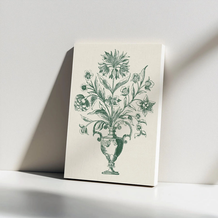 Vintage Floral Canvas Wall Art | Green Botanical Sketch Print | Premium Thick Gallery Canvas | Farmhouse Cottagecore Decor Gift