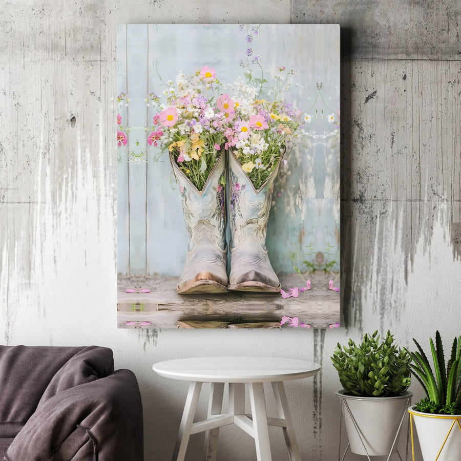 Wildflower Cowboy Boots Wall Art | Rustic Western Floral Canvas Print | Premium Fade-Resistant Decor | Farmhouse Aesthetic Gift for Her