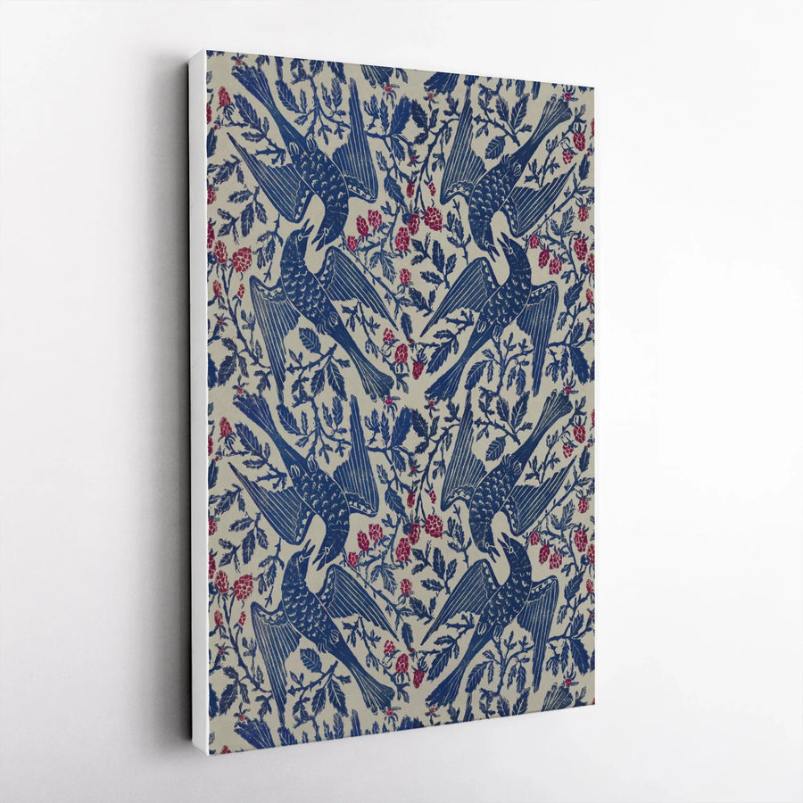 Robins and Raspberries Vertical Canvas | Vintage Botanical Bird Pattern | Premium Gallery Wrapped Wall Art | Farmhouse Kitchen Decor Gift