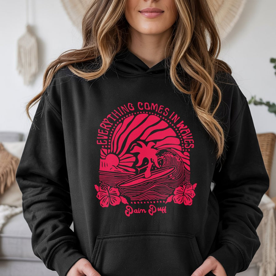 Surfing Graphic Hoodie | Everything Comes In Waves Retro Design | Premium Cotton Blend | Gift For Surfer Beach Lover