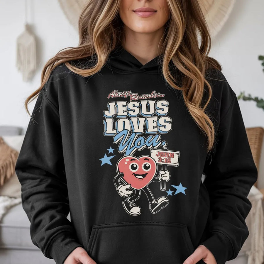 Jesus Loves You Hoodie | Vintage Cartoon Graphic Faith Sweatshirt | Premium Cotton Blend | Christian Gift for Men and Women