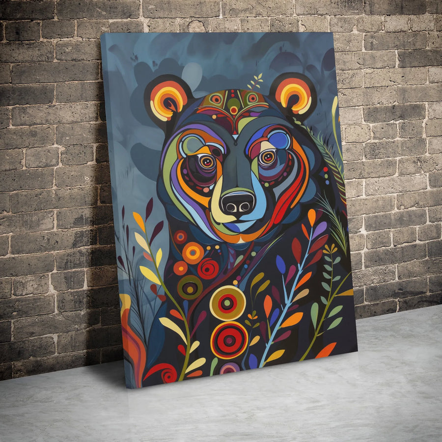 Abstract Bear Wall Art Canvas | Colorful Folk Art Animal Portrait | Premium Gallery Wrap Decor | Wildlife Home Office Gift