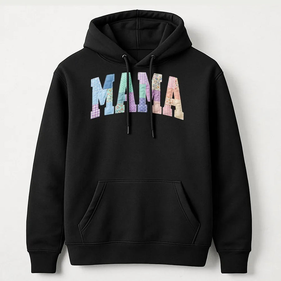 Floral Mama Hoodie | Faux Patchwork Varsity Letters | Cozy Cotton Blend | Cute Cottagecore Gift for Mom