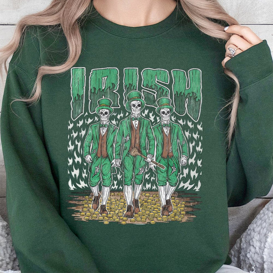 Irish Skeleton Leprechaun Sweatshirt | Spooky St Patrick’s Day Graphic | Premium Cotton Blend Crewneck | Unisex Gothic Irish Gift for Adults