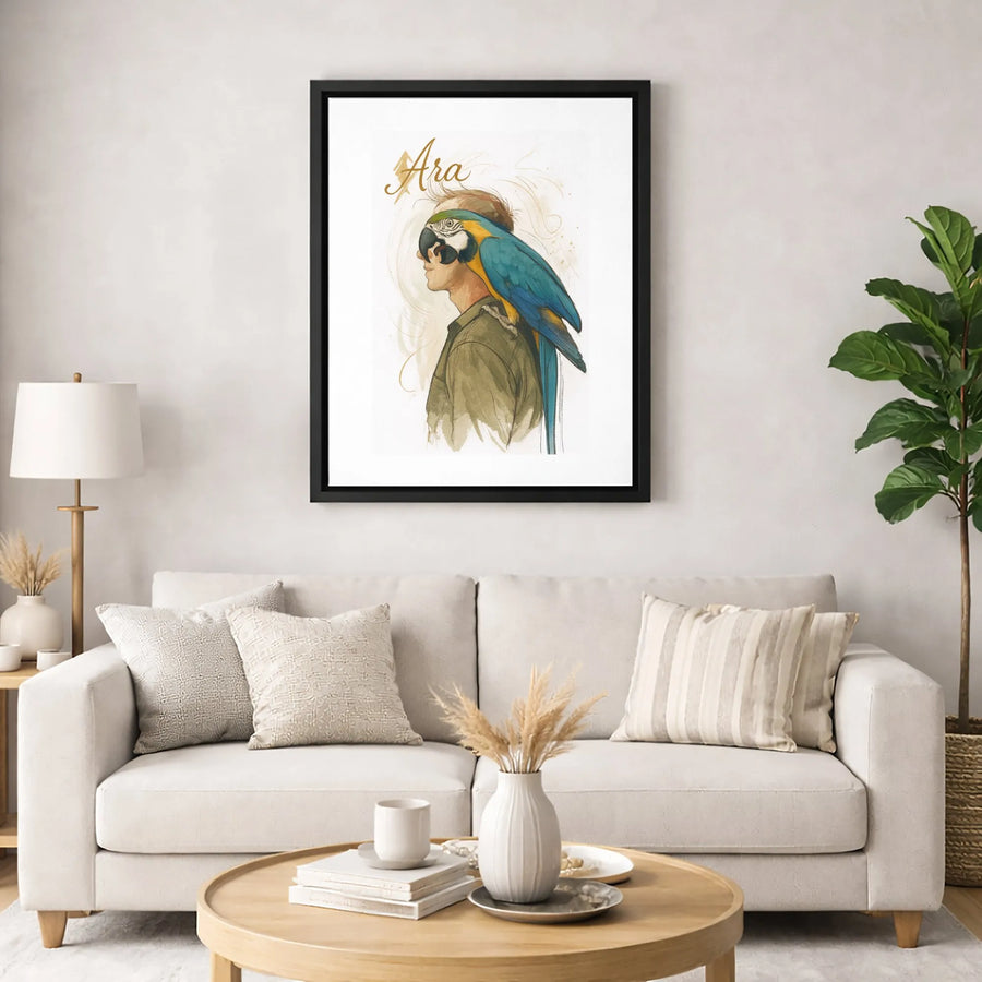 Ara Macaw Parrot Art Print | Watercolor Man Portrait Wall Decor | Premium 1.25" Gallery Canvas | Nature Lover Bird Gift Idea