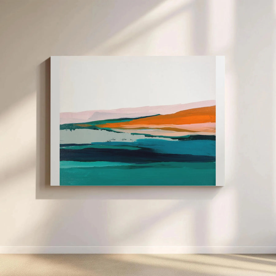 Abstract Landscape Canvas Wall Art | Teal and Orange Coastal Painting | Premium Gallery Wrapped Canvas | Modern Living Room Decor Gift