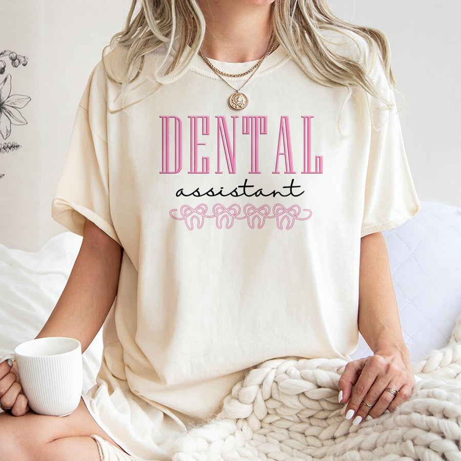 Dental Assistant T-Shirt | Cute Bow Tooth Graphic Design | Premium 100% Cotton Tee | Gift for Dental Hygienist or Dental School Graduation