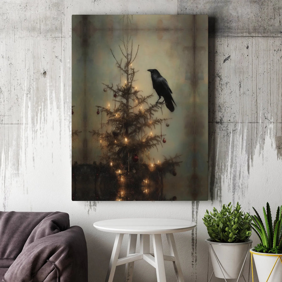Gothic Raven Christmas Tree Canvas Art | Dark Academia Wall Decor | Premium 1.25-Inch Framed Print | Moody Holiday Home Gift for Winter Lovers