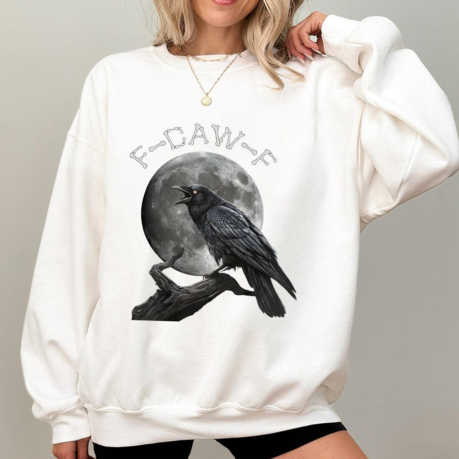 F Caw F Crow Sweatshirt | Gothic Moon Bird Graphic Print | Premium Cotton Blend | Funny Halloween Gift for Crow Lovers and Nature Enthusiasts