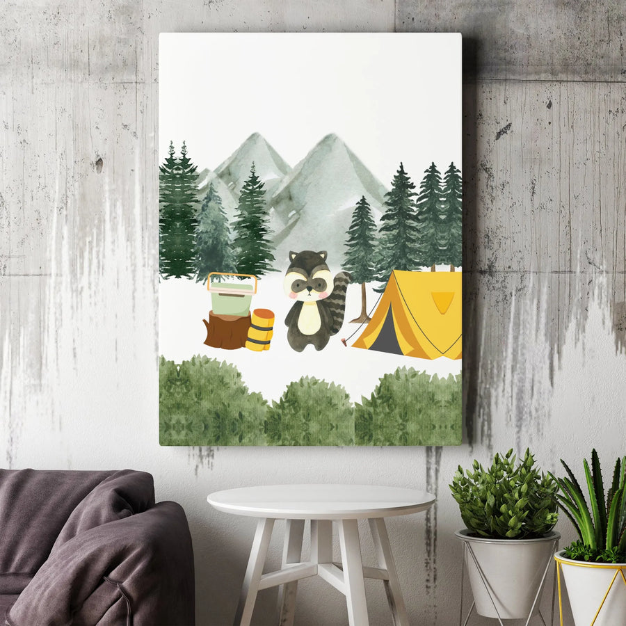 Woodland Nursery Canvas Art | Cute Raccoon Camping Scene Print | Premium Stretched Canvas | Gender Neutral Kids Room Decor & Baby Shower Gift