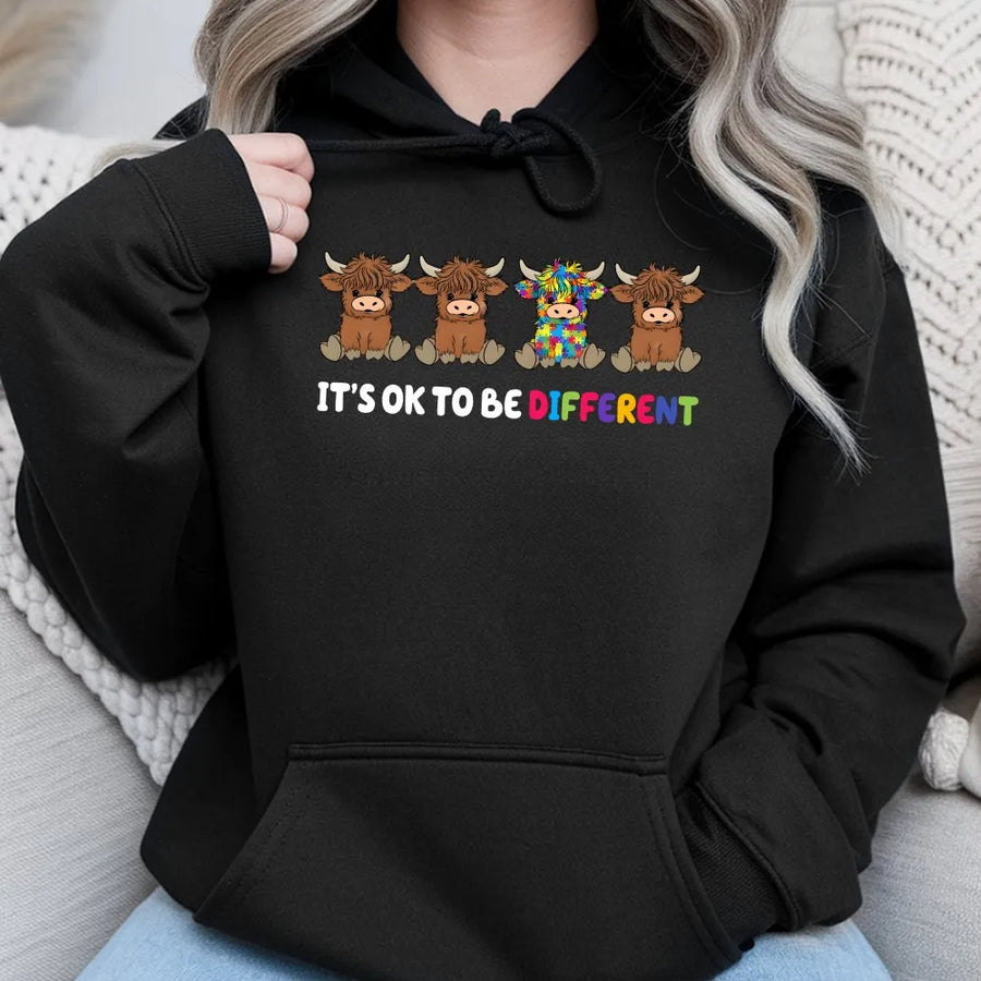 Autism Awareness Hoodie | Highland Cow It's Ok To Be Different | Cozy Cotton Blend | Neurodiversity Support Gift for Adults