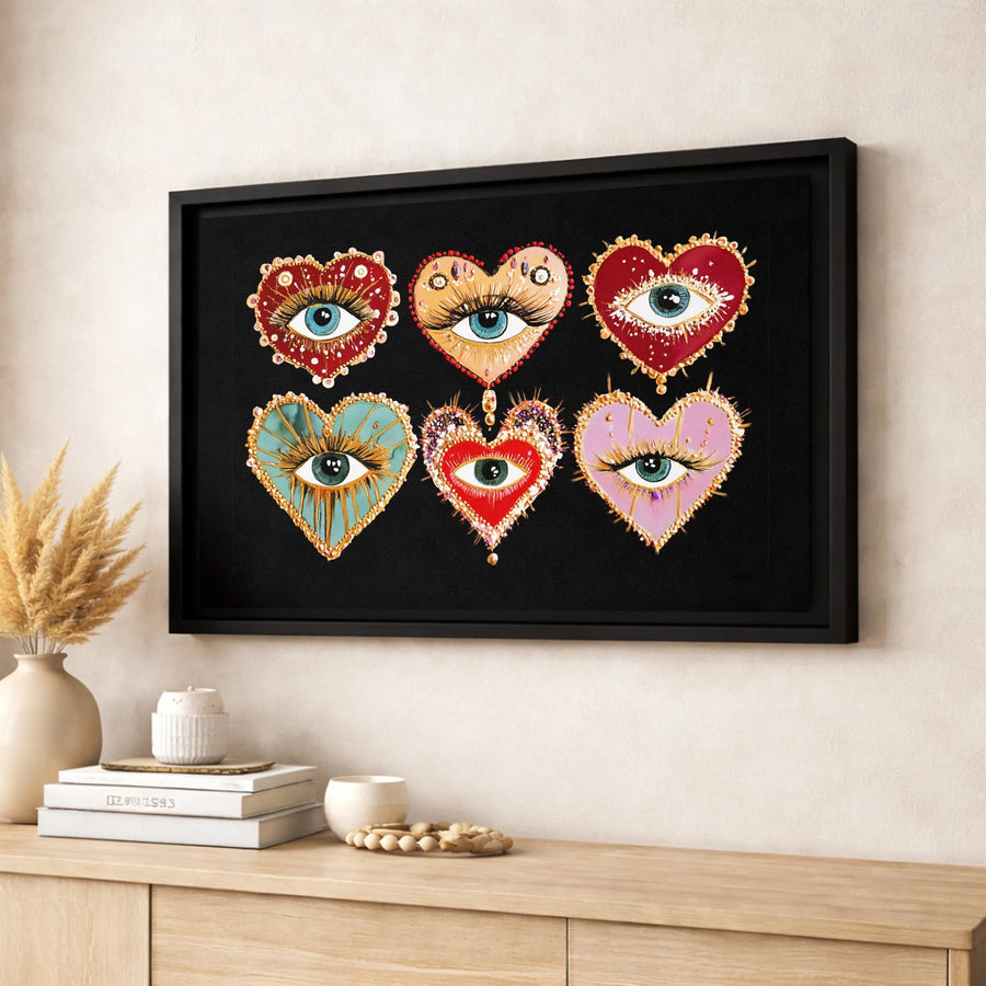 Evil Eye Heart Wall Art | Boho Chic Jeweled Mystic Symbolism | Premium Gallery Wrapped Canvas | Spiritual Home Decor Gift for Her