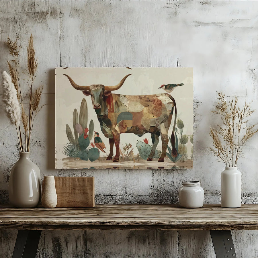 Texas Longhorn Canvas Wall Art | Southwestern Desert Patchwork Design | Premium 1.25-Inch Gallery Wrap | Western Home Decor Gift