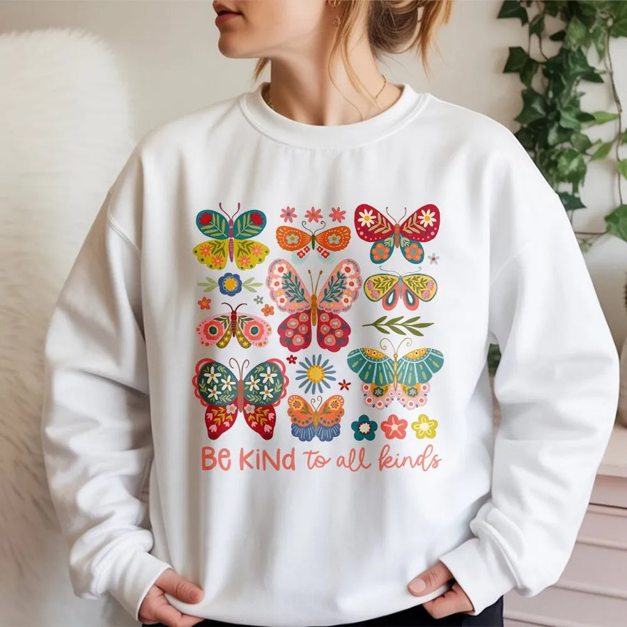 Be Kind To All Kinds Butterfly Shirt | Boho Folk Art Graphic Tee | Soft 100% Cotton | Inspirational Kindness Gift for Women