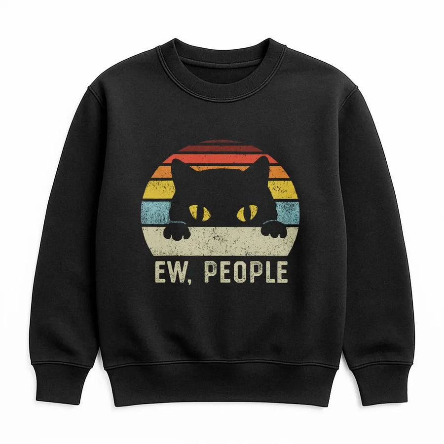 Ew People Cat Shirt | Vintage Retro Sunset Black Cat Design | Soft Breathable Cotton | Funny Gift for Introverts and Cat Lovers