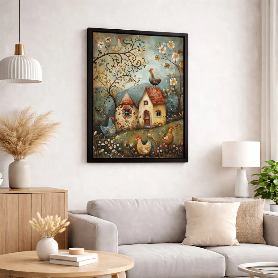 Whimsical Chicken Farmhouse Wall Art | Folk Art Rooster Canvas Print | Premium Gallery Wrapped Decor | Unique Country Kitchen Gift Idea