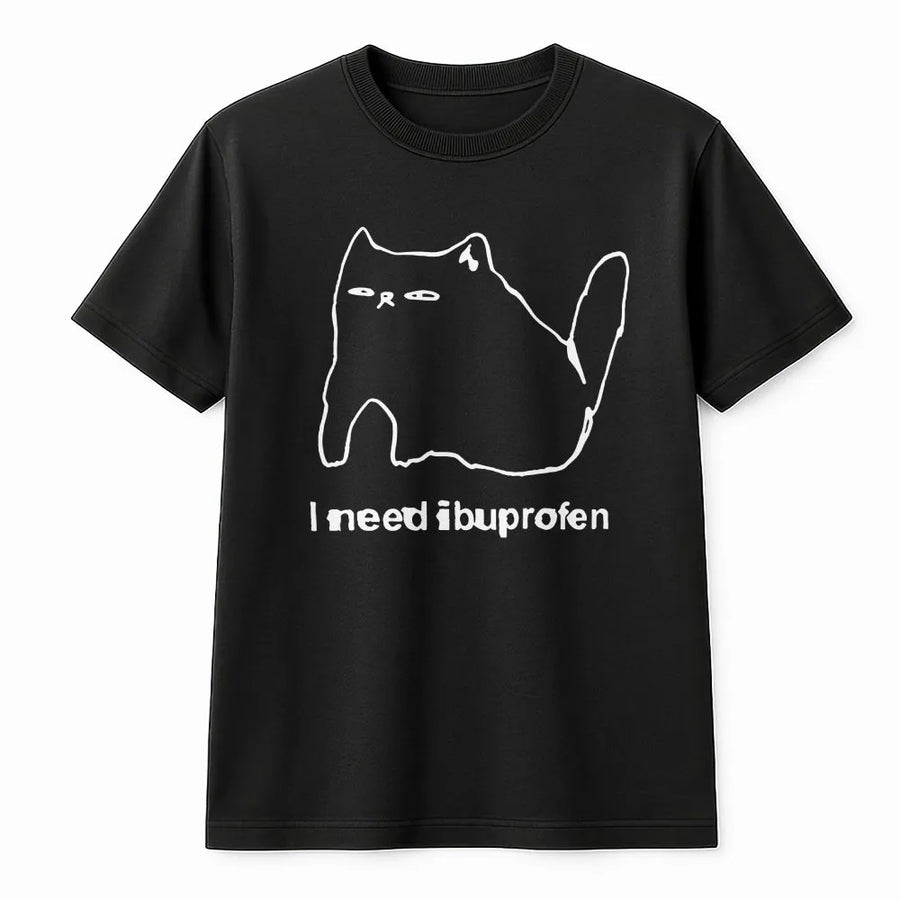 I Need Ibuprofen Cat Meme T-Shirt | Funny Minimalist Line Art Graphic | 100% Soft Cotton Premium Quality | Gift For Tired Millennials And Students