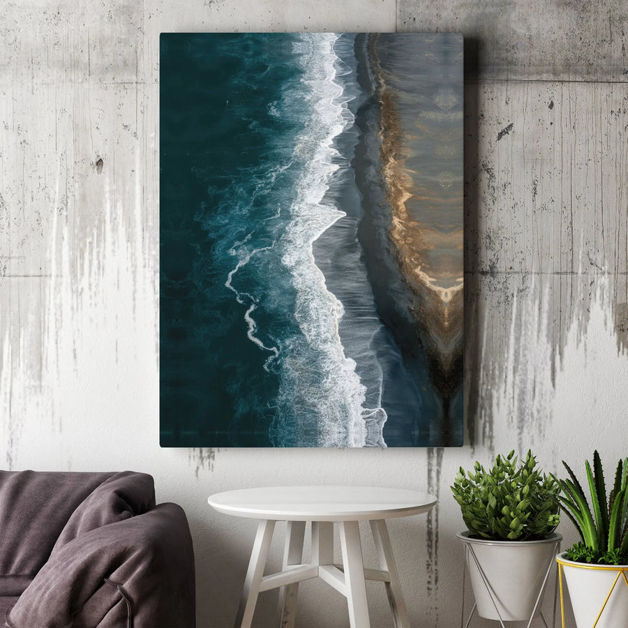 Aerial Ocean Canvas Wall Art | Moody Black Sand Beach Drone Photography | Premium Gallery Wrapped Print | Modern Coastal Home Decor Gift