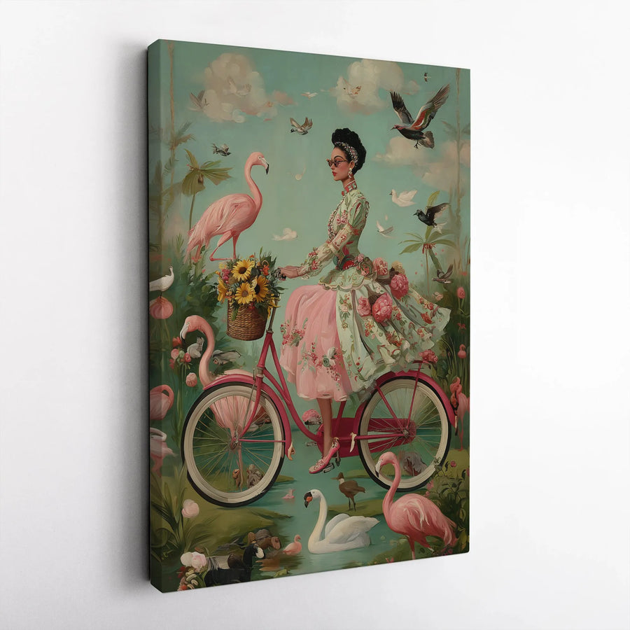 Vintage Black Woman Bicycle Vertical Canvas | Whimsical Flamingo Rider Art | Premium Gallery Wrapped Print | Afrocentric Home Decor Gift for Her