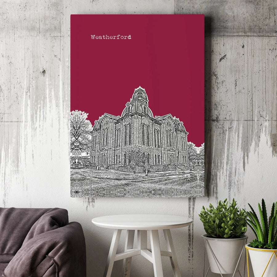 Weatherford Parker County Courthouse Wall Art | Minimalist Line Drawing Print | Premium Gallery Wrapped Canvas | Texas Home Office Decor Gift