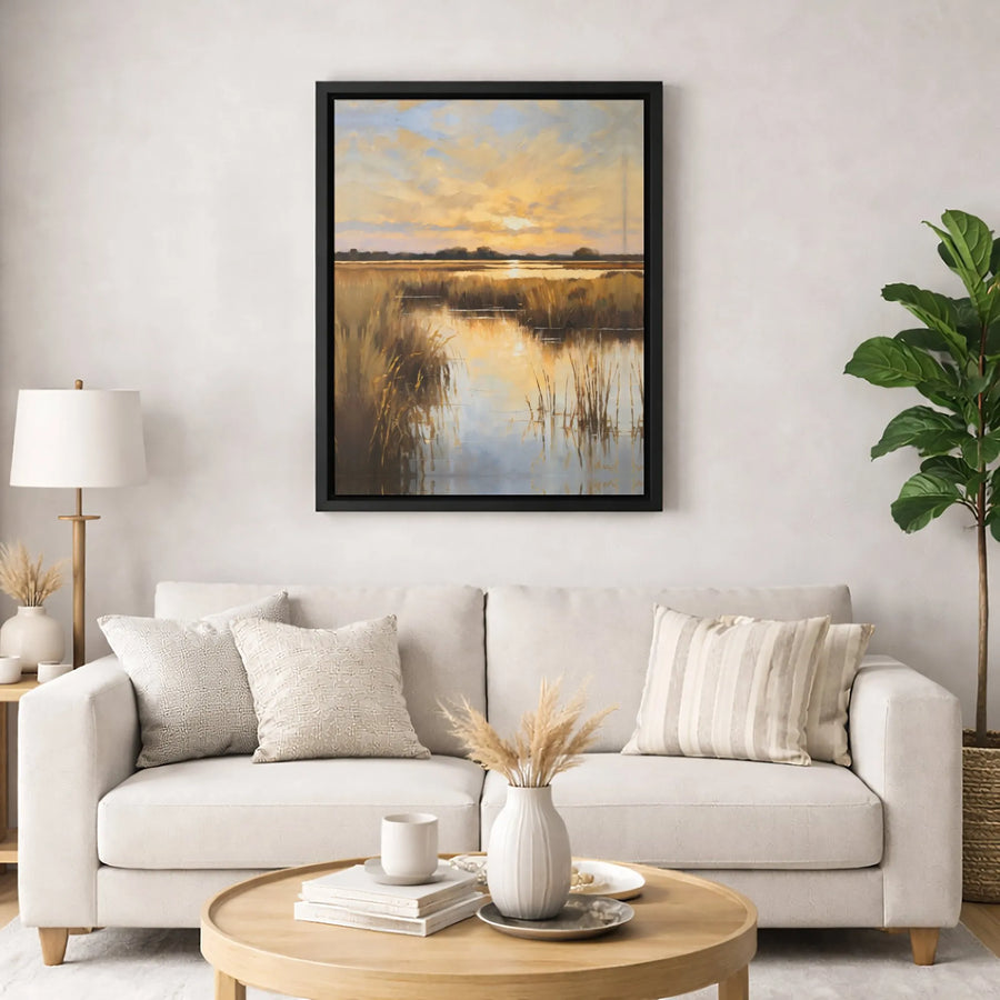 Golden Marsh Sunset Canvas Wall Art | Impressionist Wetland Landscape | Gallery-Wrapped Premium Print | Serene Nature Decor for Home or Office