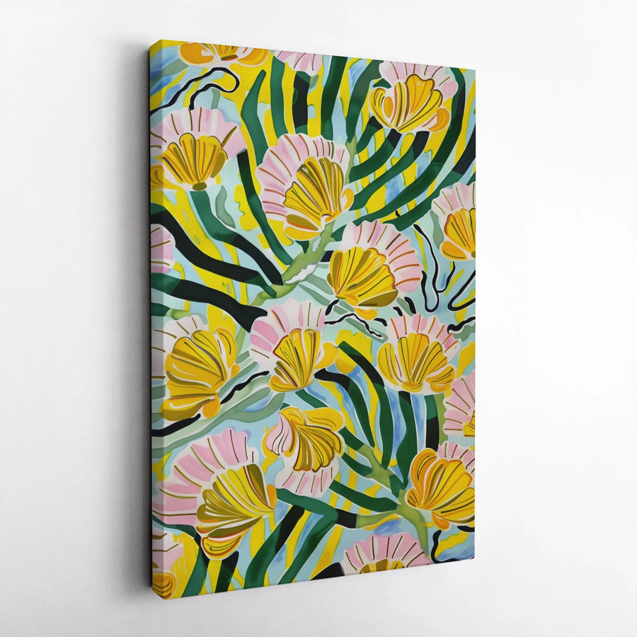 Abstract Floral Canvas Wall Art | Botanical Yellow and Pink Flower Painting | Gallery-Quality Premium Print | Modern Home Decor Gift