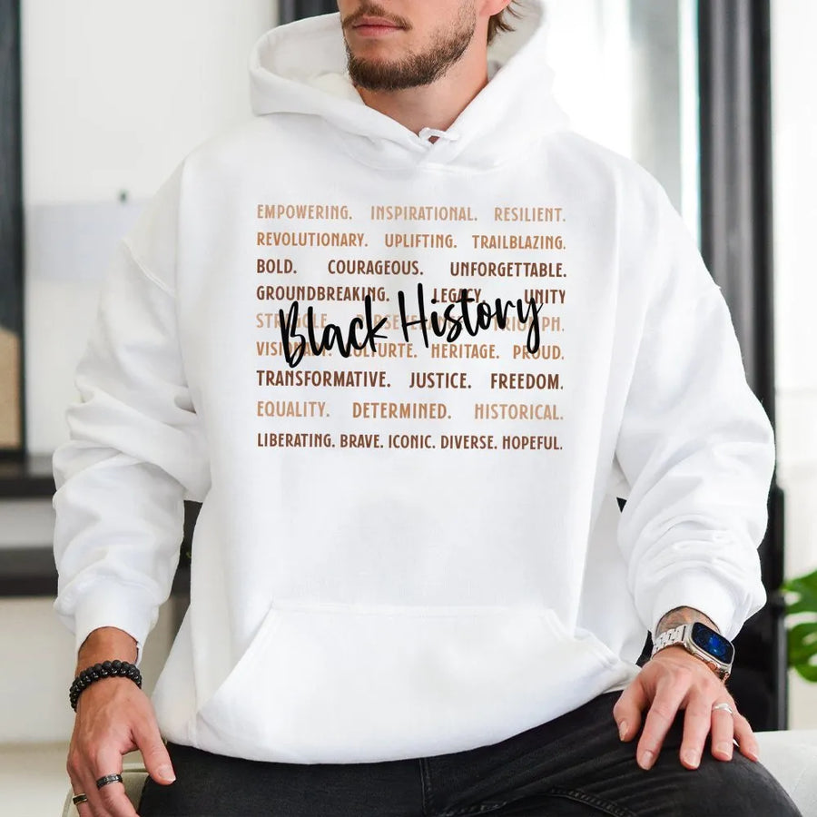 Black History Month Hoodie | Inspirational Empowerment Word Art Graphic | Premium Cotton Blend | Gift for Activists & Proud Heritage Supporters