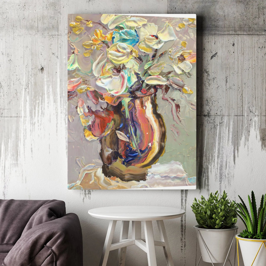 Textured Floral Vertical Canvas | Impasto Style Flowers in Venetian Glass Vase | 1.25" Thick Gallery Wrap | Premium Home Decor Gift