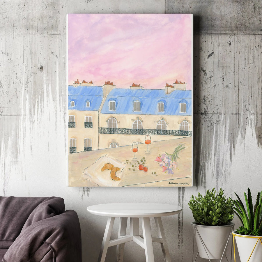 Parisian Rooftop Vertical Canvas | Romantic Paris Balcony Scene | Premium Gallery Wrap Wall Art | French Themed Home Decor Gift