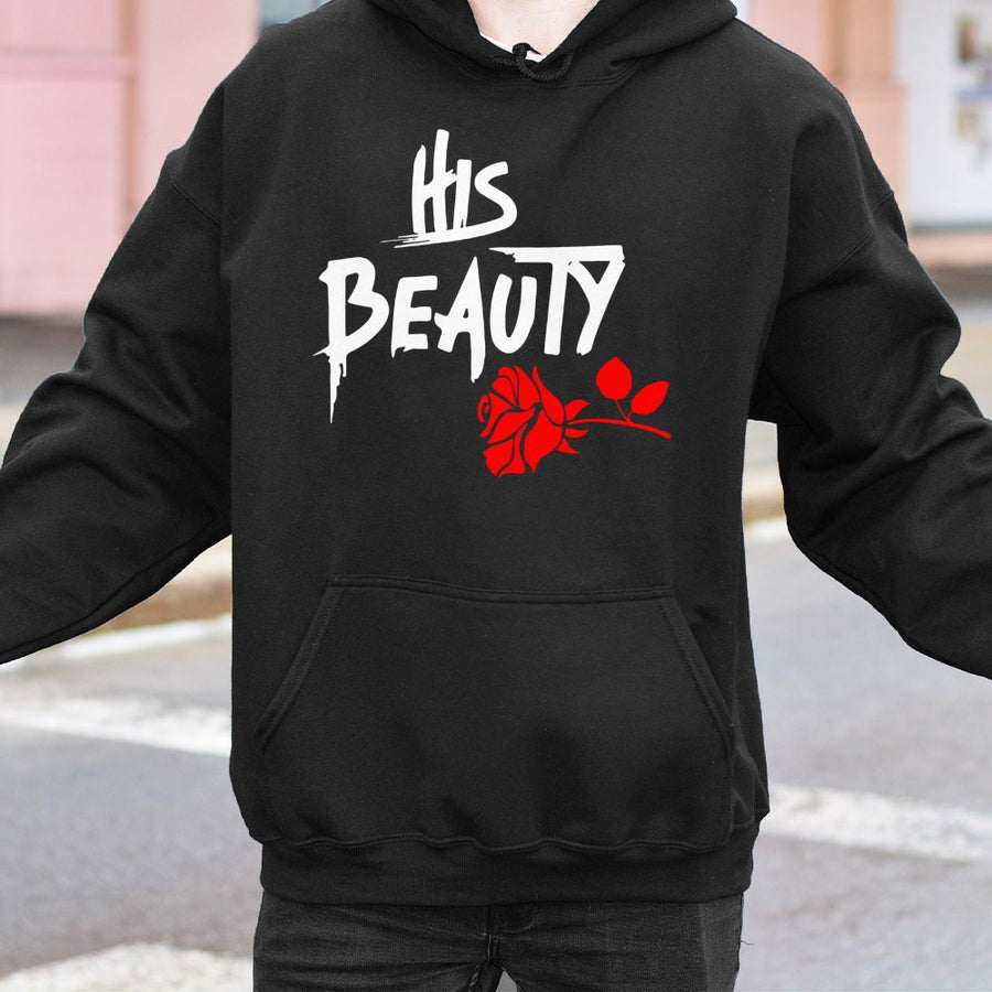 His Beauty Hoodie | Matching Couple Sweatshirt with Red Rose Graphic | Premium Cotton-Blend Pullover | Romantic Valentine's Day Gift for Couples